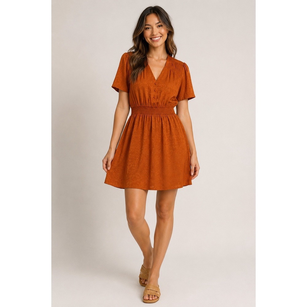 See U Soon Anthropologie Rust Jacquard Mini Dress Smocked Waist‎ Pockets NWT S
